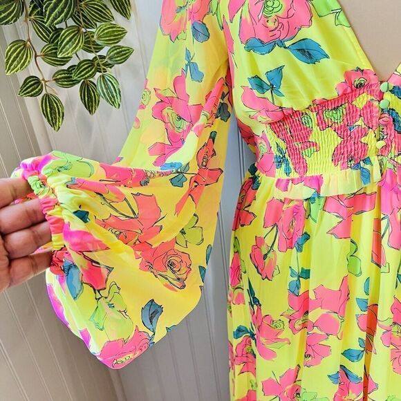 ASOS Design Sz 8 UK12 Soft Shirred Waist Open Back Maxi Dress Yellow Pink Floral - Picture 4 of 16